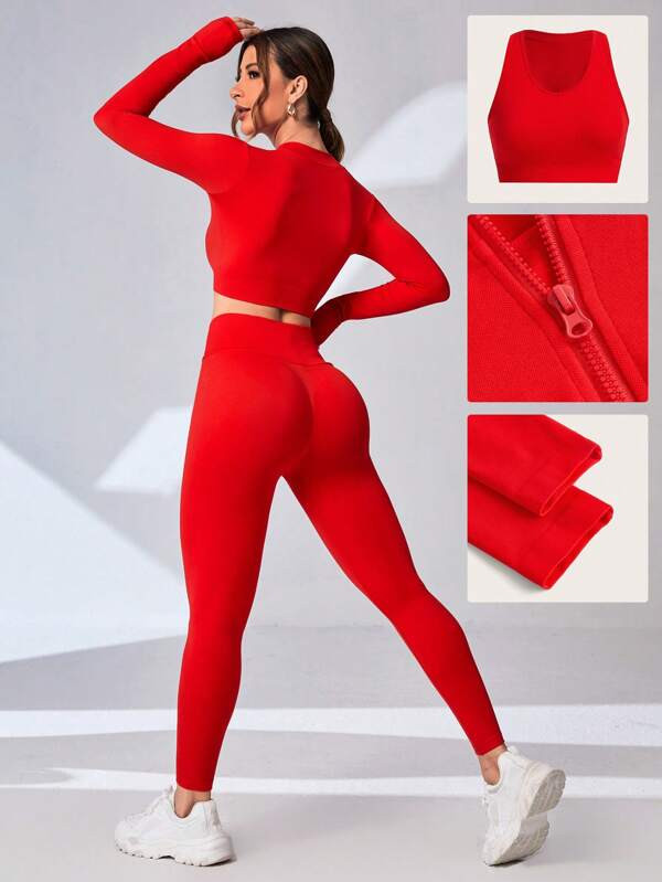 3pcs Seamless Zipper Up Sports Jacket & Tank Top & Leggings | SHEIN