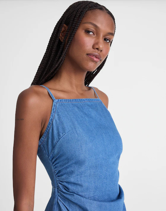 Denim Ruched Squareneck Mini Dress | Madewell