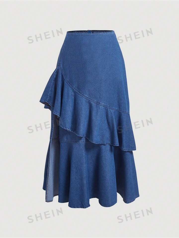 SHEIN MOD Plus Size Denim Ruffle Hem Skirt | SHEIN