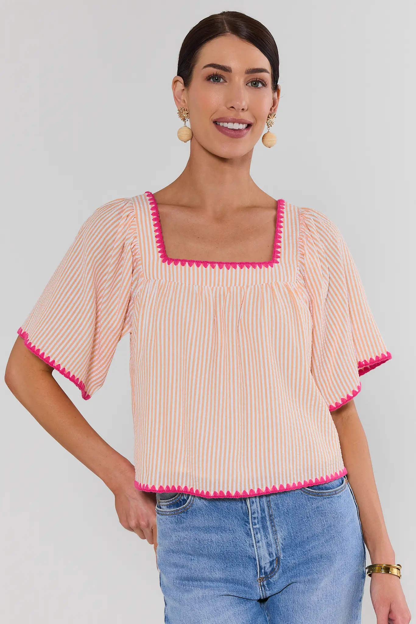 Orange Contrast Trim Square Neck Top | Avara