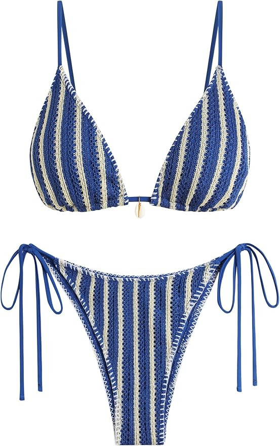 ZAFUL Women's Triangle Bikini Set Crochet String Cheeky Swimsuit Sexy Halter Lace 2 Piece Bathing... | Amazon (US)