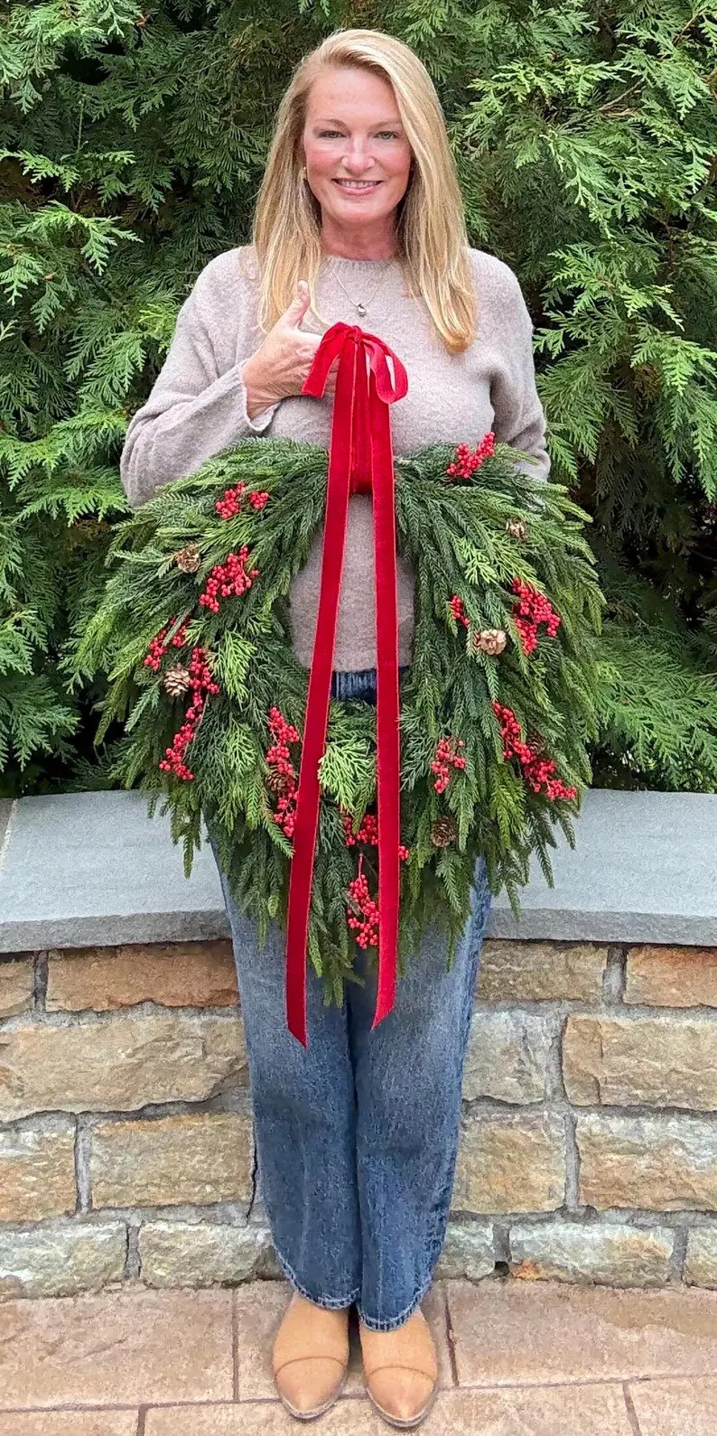 Cascading Real Touch Norfolk Pine Wreath With Red Berries and Cedar, Christmas Wreath for Front D... | Etsy (US)