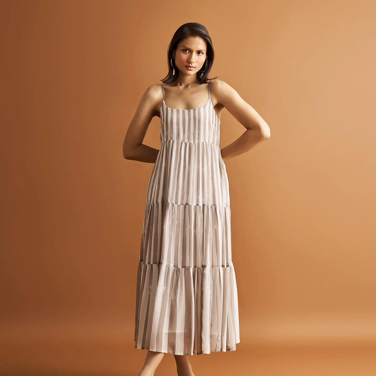 Strappy Tiered Maxi Dress in Beige Stripes | Reistor