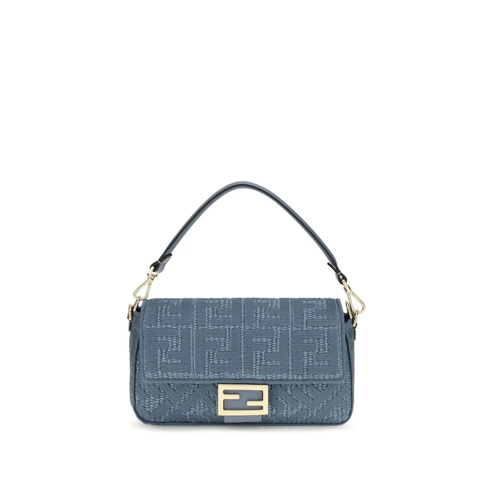 Fendi Woven Raffia with FF Embroidery Shoulder Bag — Blue | Italist Inc.