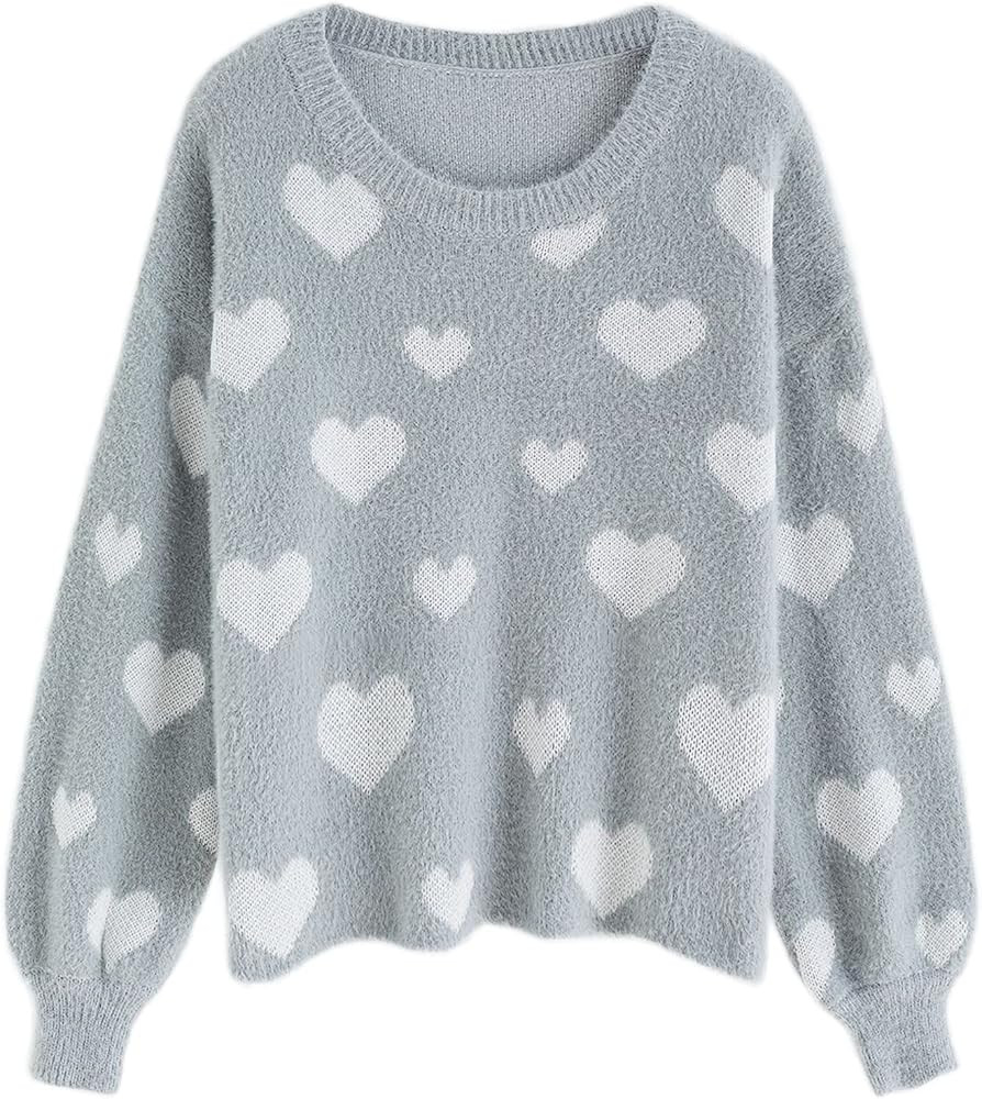 CHICWISH Women's Comfy Casual Pink Fuzzy Hearts Knit Sweater Pullover Sweatershirt | Amazon (CA)