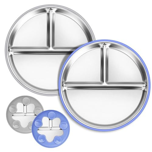 Dualshine 2 Pack Stainless Steel Kids Plates, 9’’ Divided Baby Plates with Suction, Removable Toddler Plates with Silicone Sleeve, Non Toxic & BPA Free, Dishwasher & Microwave Safe | Amazon (US)