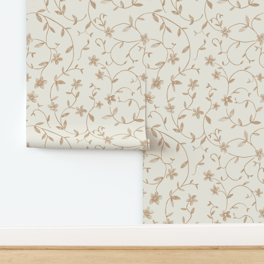 Wallpaper in (L) Warm Brown Floral Vines and Greenery with Cream Background | Spoonflower
