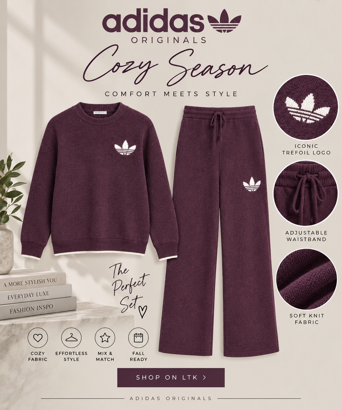 Cozy adidas, but make it chic 💜 This deep plum adidas knit set is the perfect elevated fall athleisure look. Loving the oversized Trefoil sweater paired with the matching wide-leg knit pants for an effortless, cozy fit. Wear them together or mix and match with your fall wardrobe.

#LTKSeasonal #LTKootd #LTKTravel