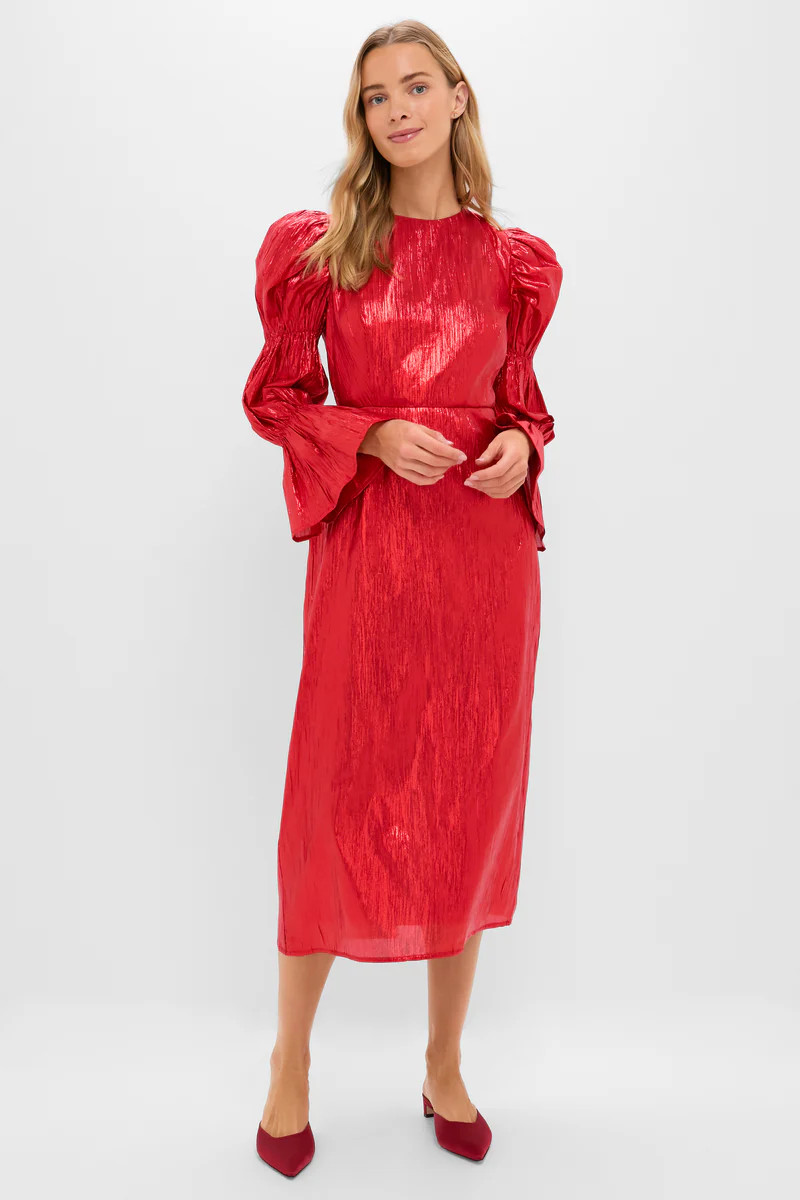 Red Metallic Plisse Puff Sleeve Darcy Midi Dress | Tuckernuck (US)