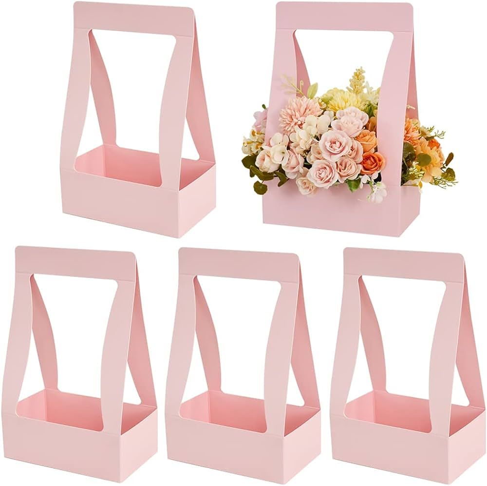 BEISHIDA 5 PCS Pink Flower Bouquet Boxes Craft Paper Gift Bags with Handle for Bouquet Packaging ... | Amazon (US)