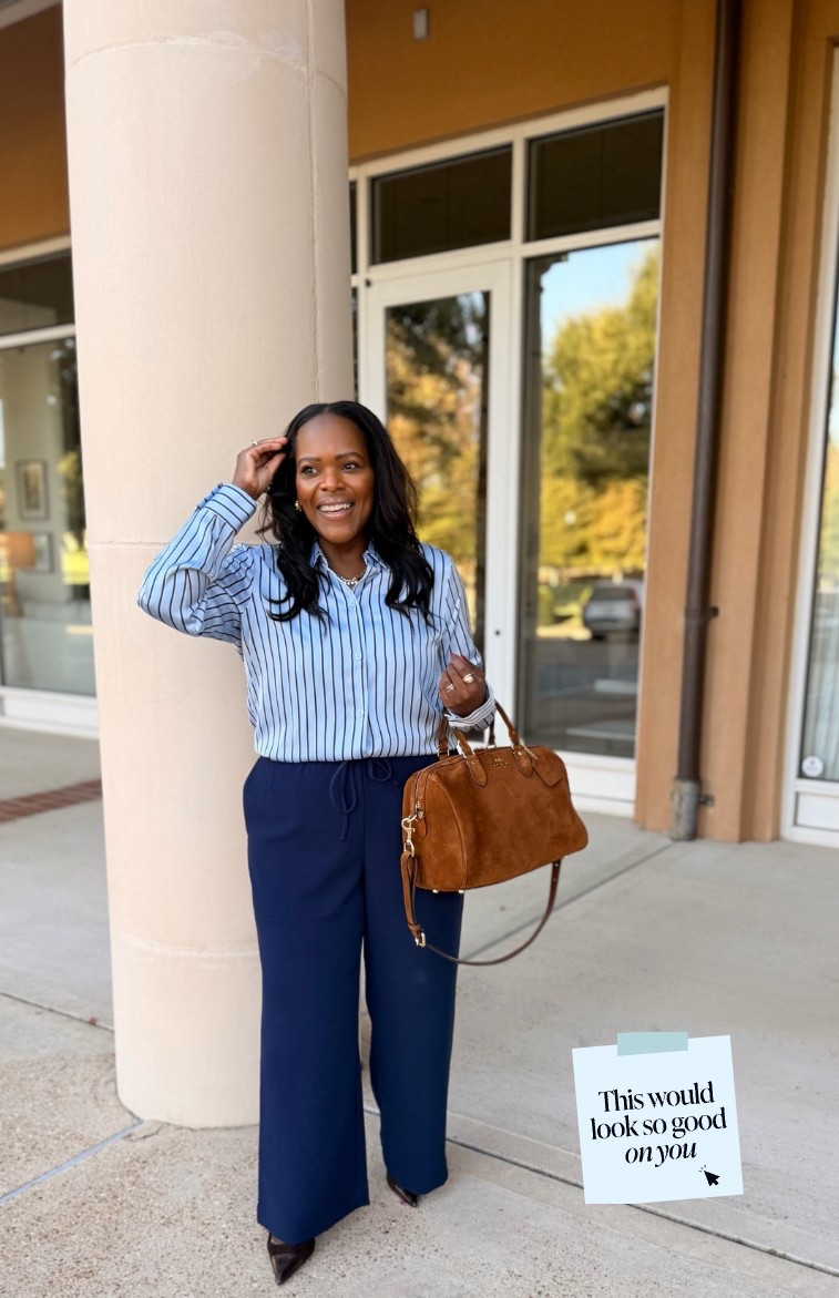 Wednesday workwear OOTD! These pull on crepe wide leg pants from LOFT fit and feel like the Aritiza pair but at a fraction of the cost 💁🏽‍♀️ I’m wearing the large petite. Blouse is from Nordstrom Rack and I’m in the large.