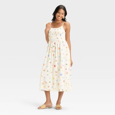 Women's Smocked V-Waist Midi Dress - A New Day™ Cream Seashell M | Target
