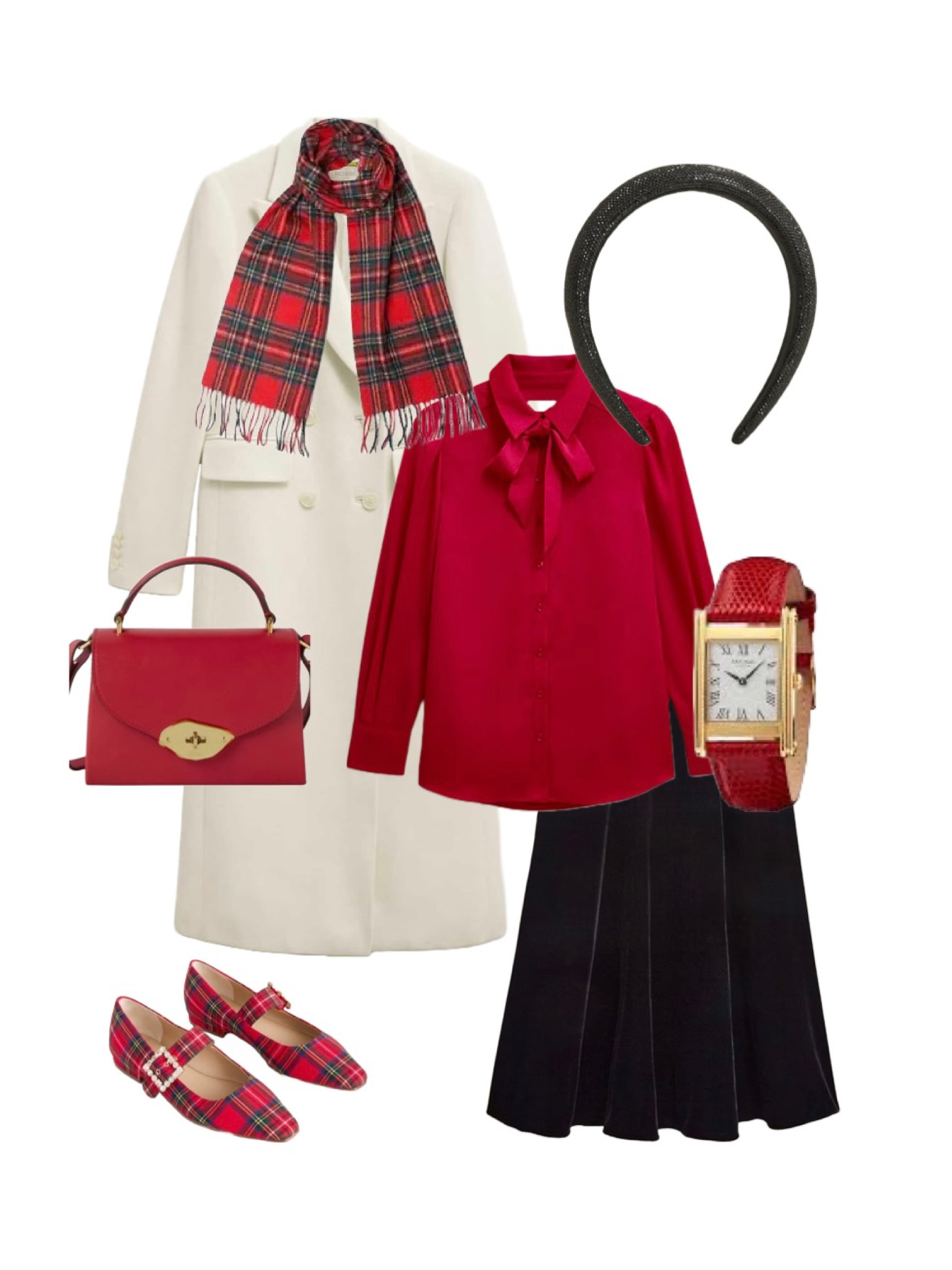 The festive outfit I’ll most likely wear on Christmas Day itself - Holly jolly and celebratory, yet effortlessly classy; Juniper Ivory Coat, Charteris Black Velvet Skirt, Red Statin Pussy Bow Blouse and Sparkle Black Headband - Hobbs London, Red Stuart Tartan Cashmere Scarf 🧣 (great gift idea) - House of Bruar, Red Leather Handbag - Mulberry at John Lewis, Red Leather Watch - Aspinal of London, Red Tartan Mary Jane Flats - Boden Clothing. Hope you like 🎄 ❤️🧣 ✨ 

#ChristmasDayOutfit #Cashmere #HobbsLondon #Mulberry #AspinalofLondon #Boden #JohnLewis

#LTKeurope #LTKuk #LTKwinter
