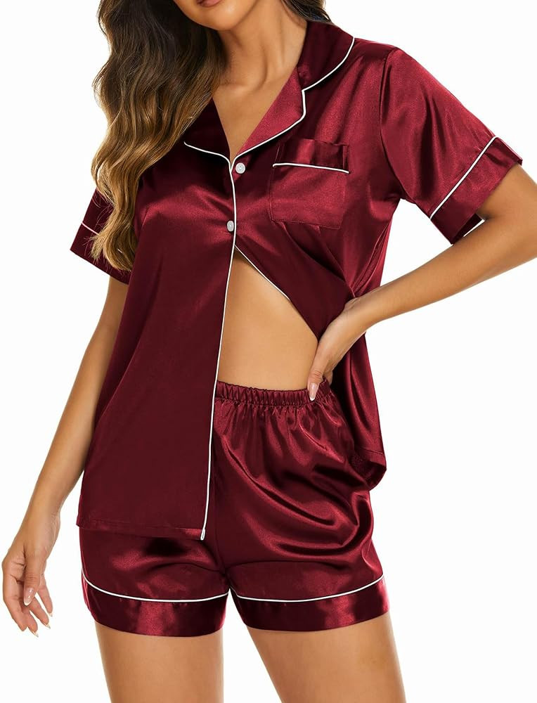 Ekouaer Womens Satin Silk Pajamas Set Short Sleeve Button Down Top and Shorts Sleepwear 2 Piece P... | Amazon (US)