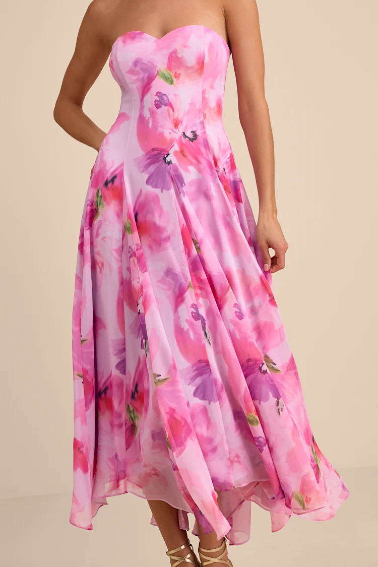 Madoria Pink Multi Floral Strapless Midi Dress | pink floral dress | lulus sale | Lulus