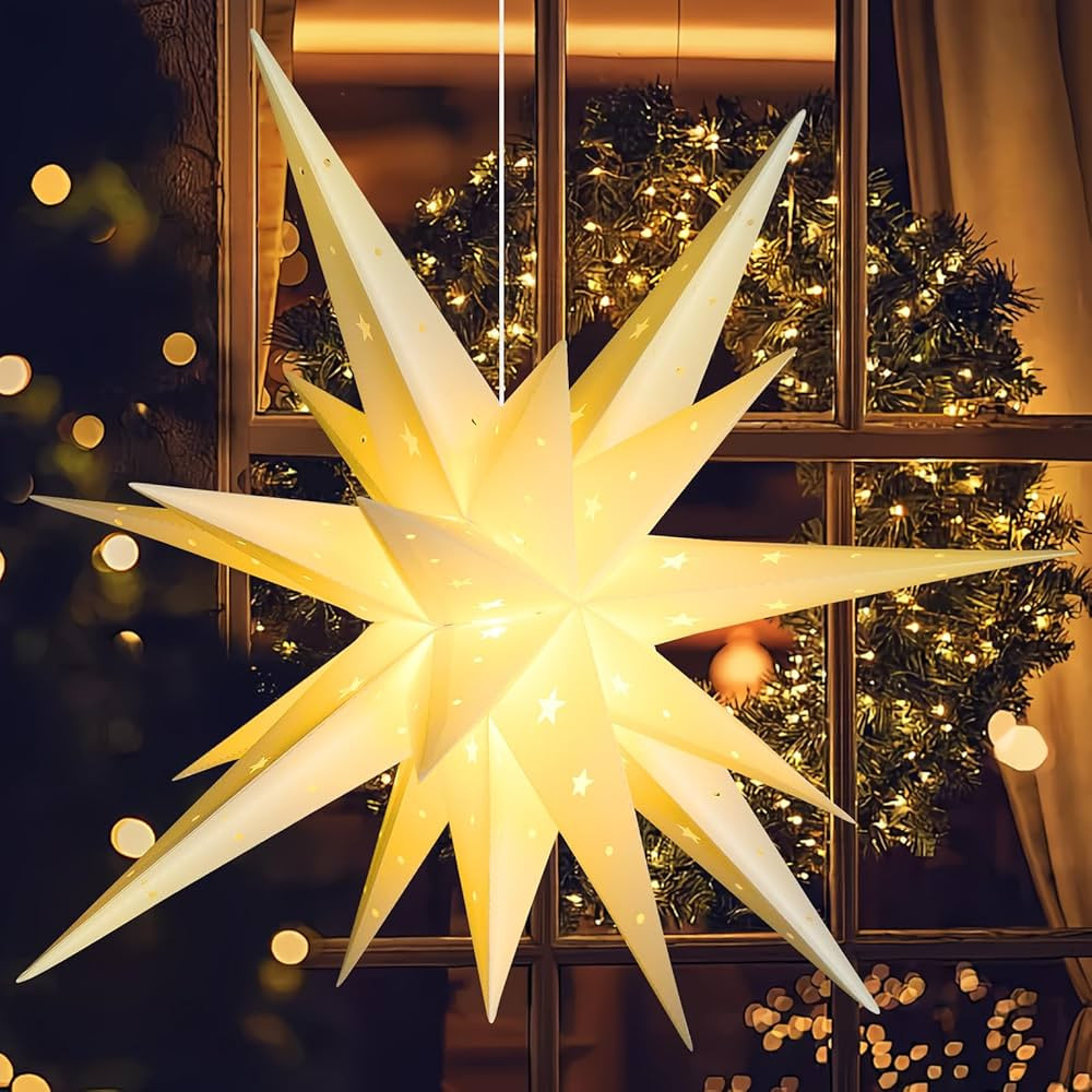 SUNBEAUTY 21 Inches White Large Moravian Star Outdoor Light Warm White LED Hanging Star Lights 3D... | Amazon (US)