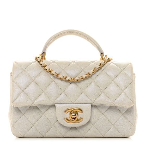 Iridescent Lambskin Quilted Mini Top Handle Rectangular Flap White | FASHIONPHILE (US)