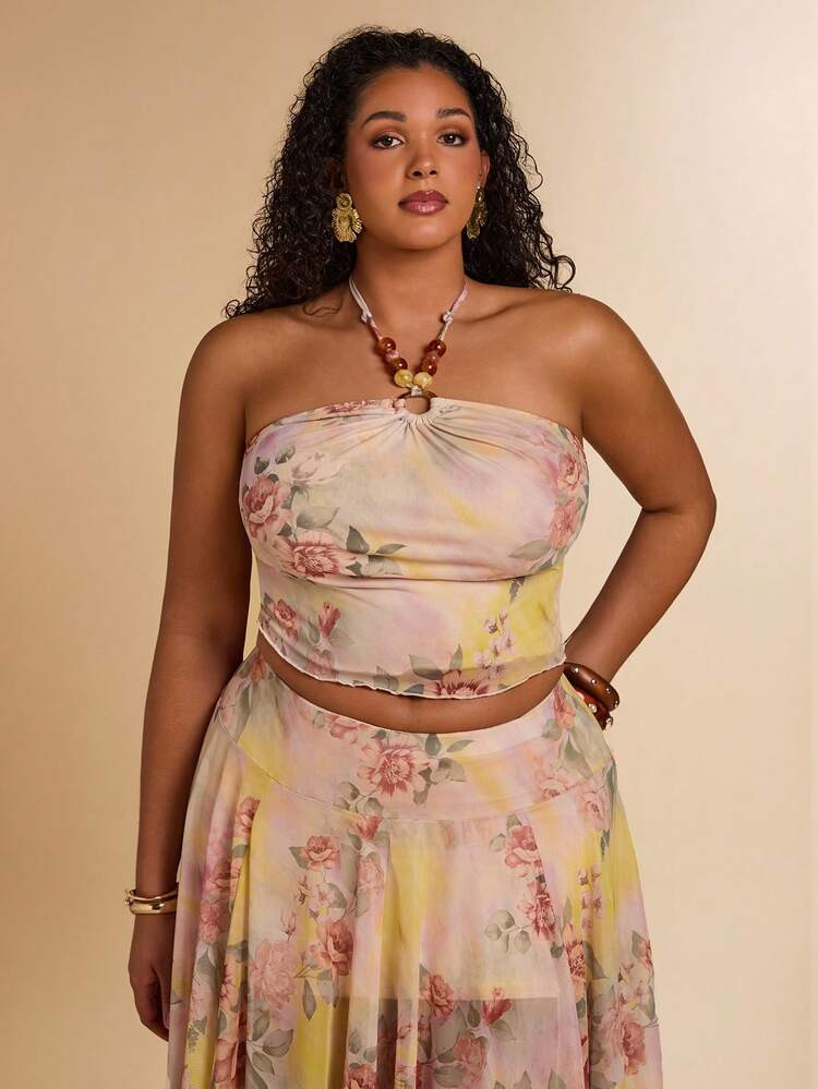 SHEIN BAE Plus Size Women Floral Print Fitted Sleeveless Tube Top, Summer Tops | SHEIN