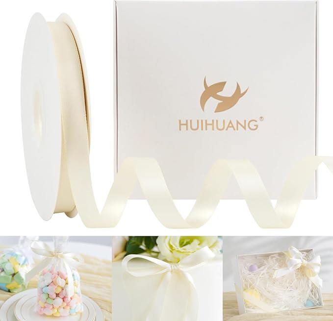 HUIHUANG Ivory Satin Ribbon 1/2 inch X 50 Yards Continuous, Off-White Double-Faced Satin Ribbon f... | Amazon (US)