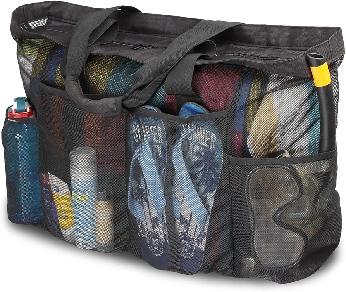 GOTDYA Extra Large Beach Bag, XL Mesh Tote with Zipper and Pockets Ideal for Your Family Beach Tr... | Amazon (US)
