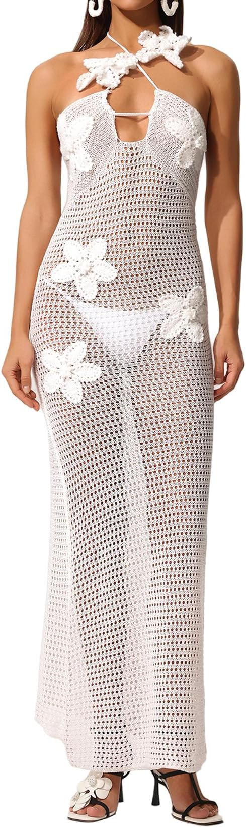 White Sleeveless Flowers Halter Dress Maxi Sexy Crochet Hollow Out Beach Vacation Dress | Amazon (US)