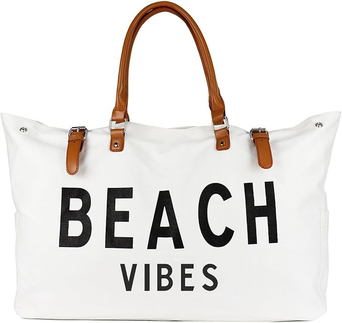 Beach Bag with Vegan Leather Handle, Extra Large Beach Bag for Women Waterproof Sandproof, White | Amazon (US)