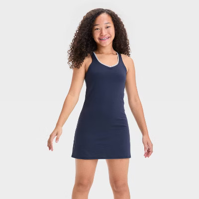 Girls' Contrast Trim Active Dress - All In Motion™ Navy Blue M: Recycled Polyester, Spandex, Midweight, V Neck, Sleeveless, Stash Pocket | Target