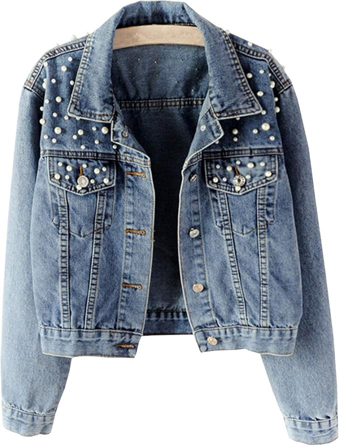 Ainangua Women's Casual Embroidered Pearls Beading Denim Jacket Loose Washed Jean Coat | Amazon (US)