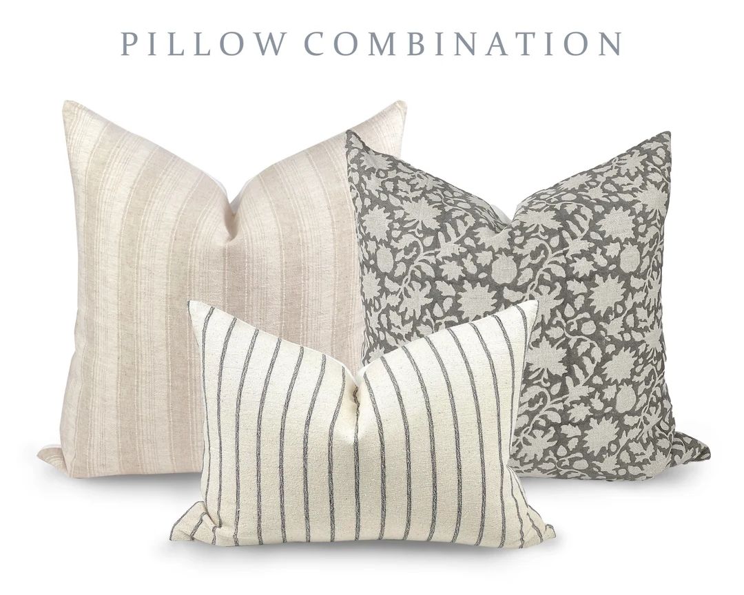 PILLOW COMBO | Classic Neutrals, Cream Pillow, Grey Print Pillow, Stripe Pillow, Pillow Combinati... | Etsy (US)