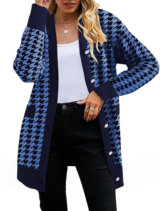 Pink Queen 2024 Fall Long Cardigan for Women Long Sleeve Open Front Button V Neck Houndstooth Car... | Amazon (US)