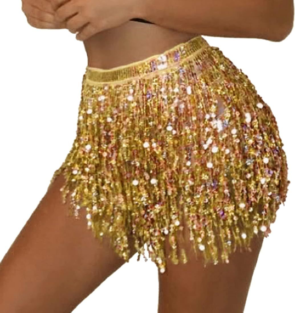 Women's Sequin Tassel Skirts Rave Fringe Hip Scarf for Festival | Amazon (US)