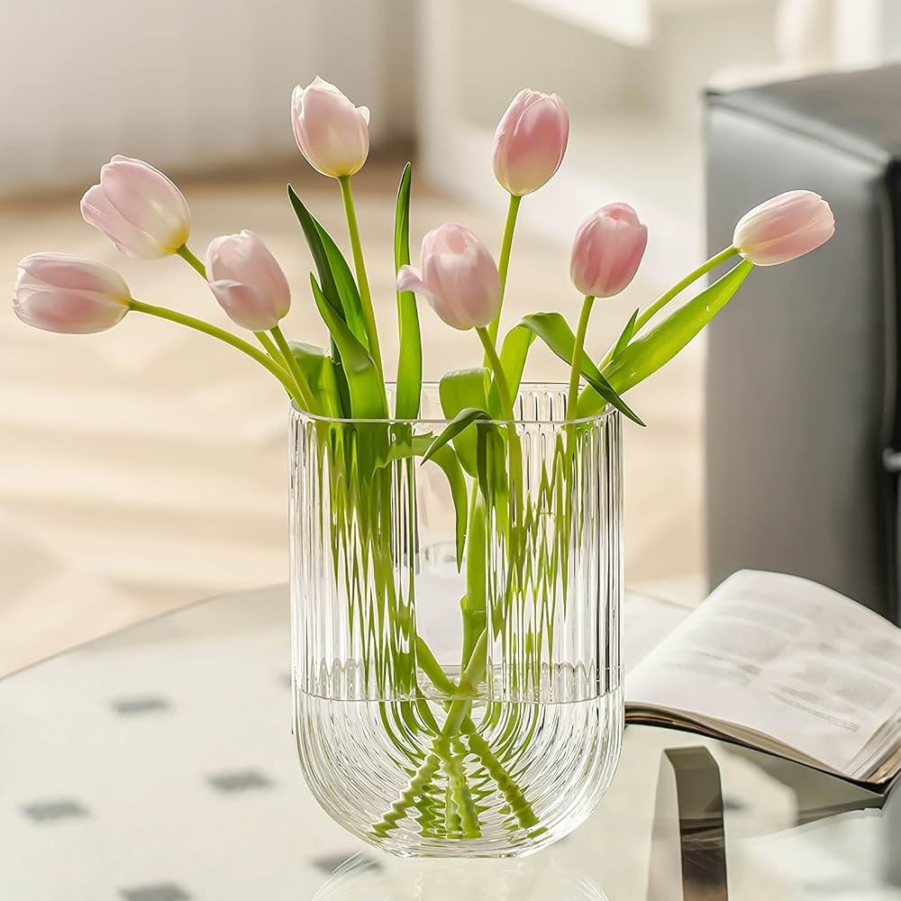 Clear Ribbed Glass Flower Vase, 7" H Modern Small Vase, Ellipse U Shaped Fluted Striped Decorativ... | Amazon (US)