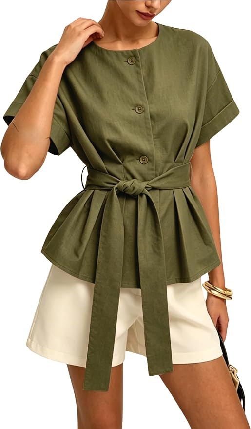AMEBELLE Women's Belted Button Down Shirt Short Cuffed Sleeves Tie Front Blouse Crewneck Casual T... | Amazon (US)