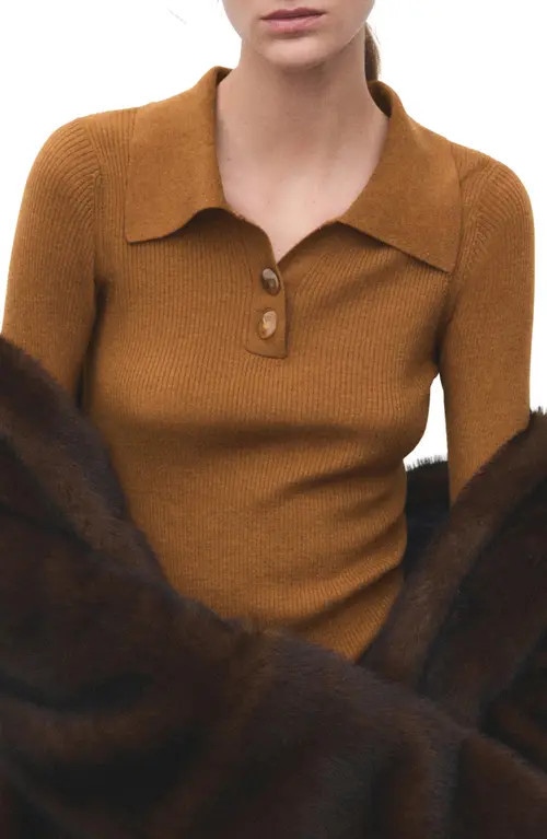 MANGO Rib Fluted Long Sleeve Polo Sweater in Tobacco Brown at Nordstrom, Size X-Small | Nordstrom