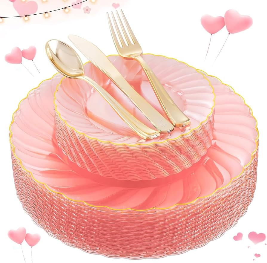 YOUBET 125Pieces Clear Pink Plastic Plates with Gold Rim-Gold Plastic Silverware Include 25 Dinne... | Amazon (US)