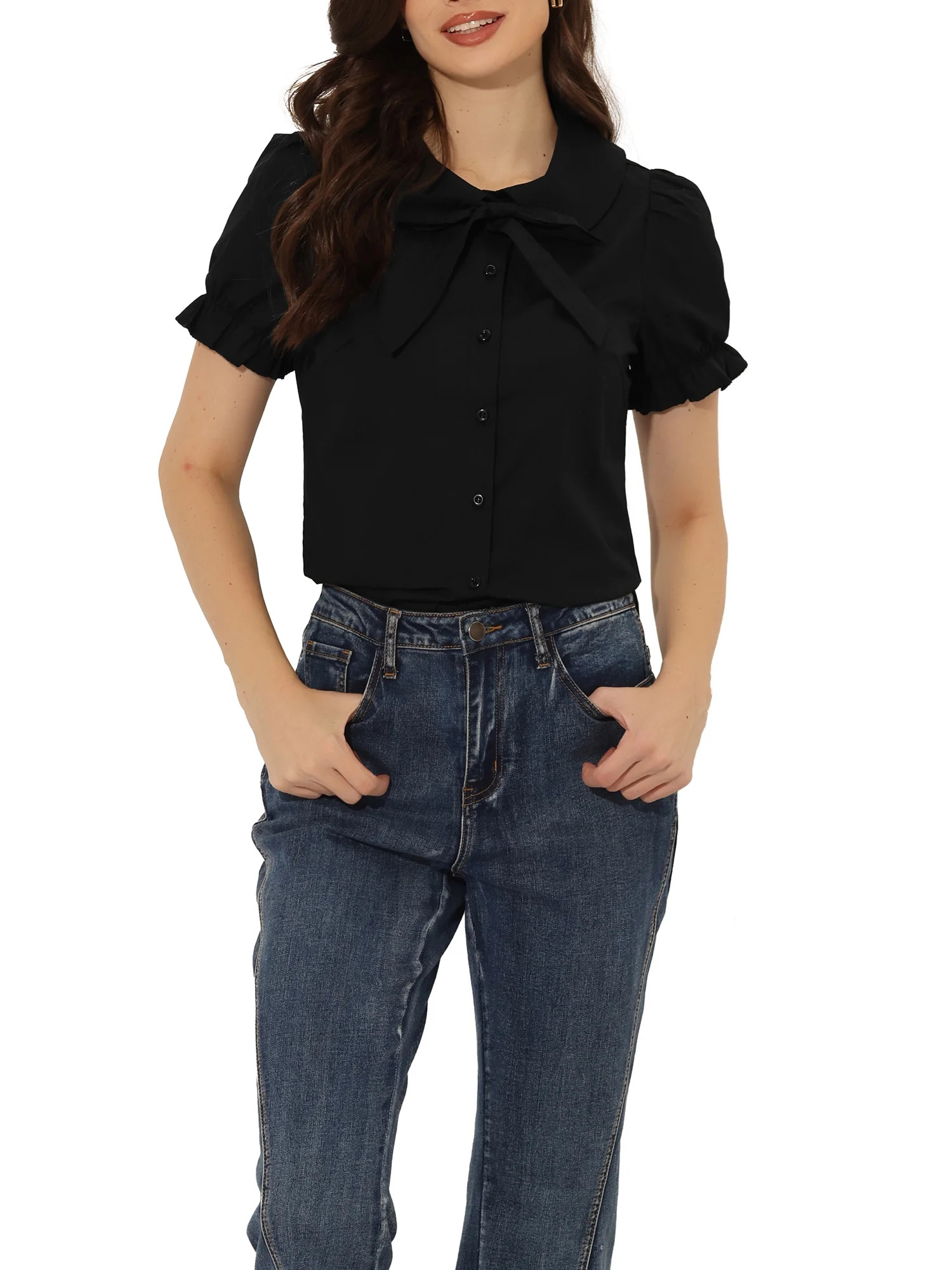 INSPIRE CHIC Women's Blouse Vintage Peter Pan Collar Tie Neck Casual Cute Cotton Button-Up Shirt ... | Walmart (US)