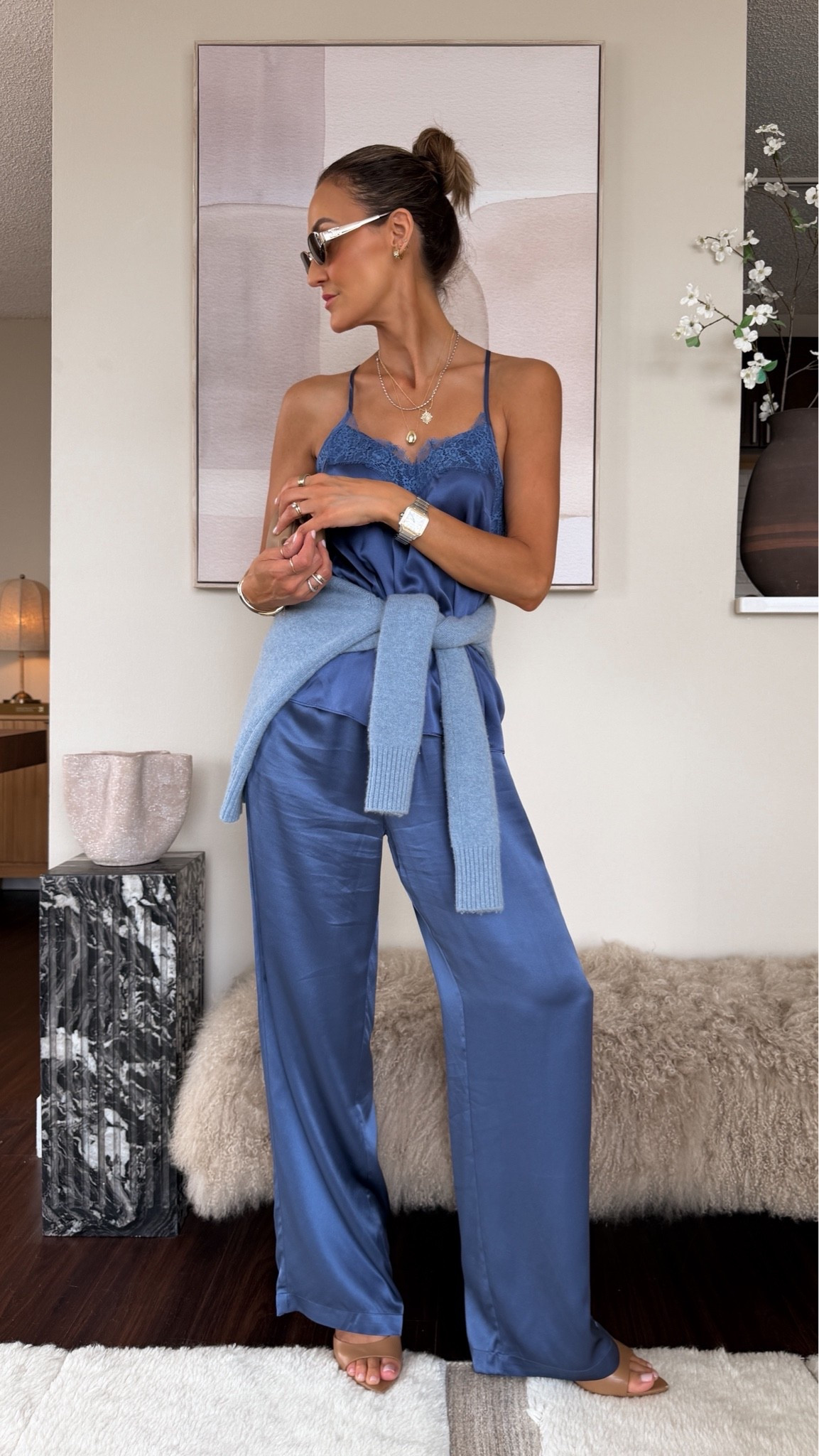Same silk set, different mood. 
 Swapped the chocolate cashmere for a tonal blue knit + cappuccino accessories. XS on all pieces / TTS @Quince #quincepartner

#LTKootd #LTKSeasonal