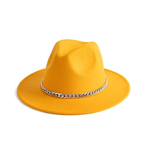 Gossifan Classic Wide Brim Fedora Hat with Chain Belt Buckle - Mustard Yellow | Amazon (US)