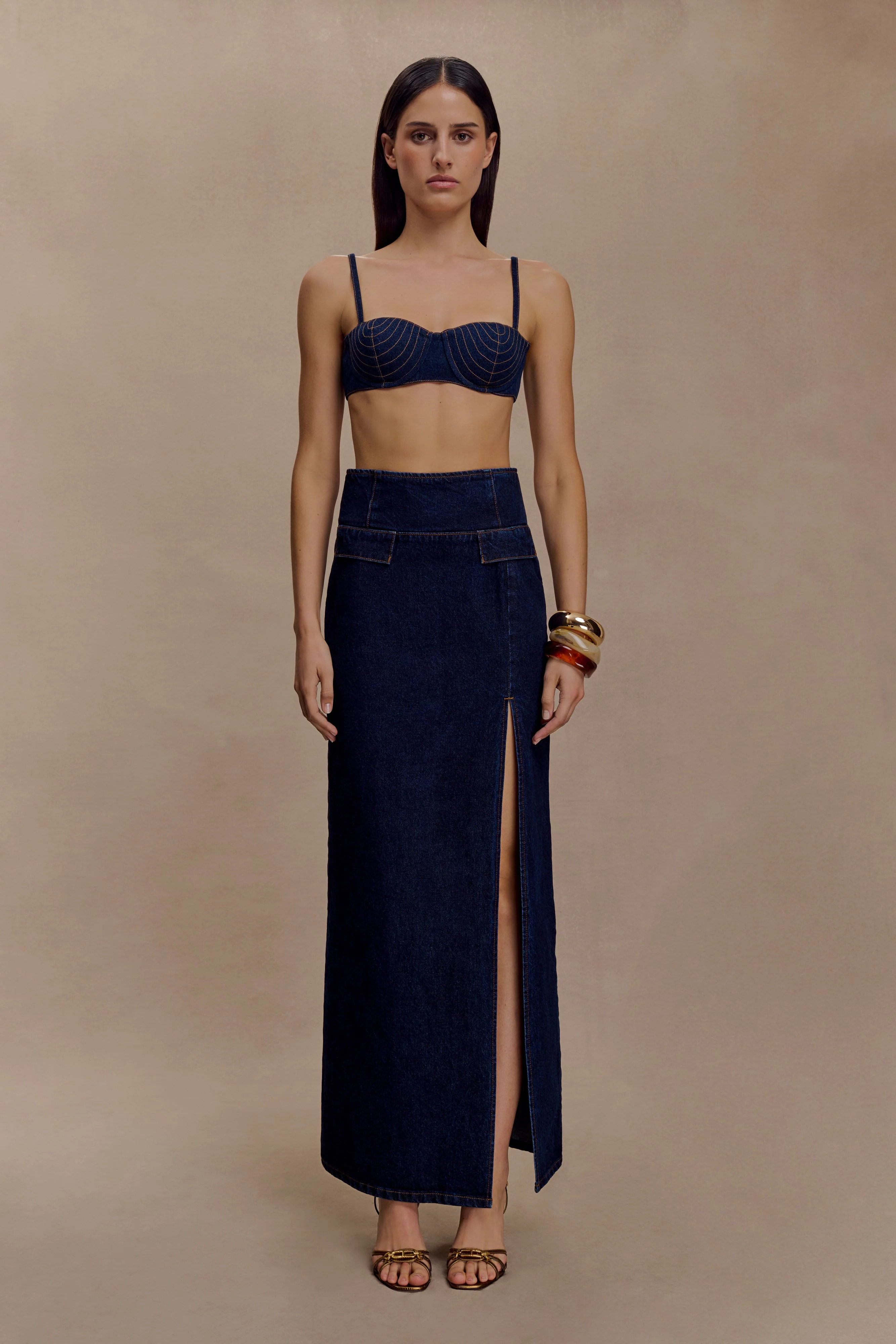 Maylena High Rise Denim Maxi Skirt - Indigo Blue | MESHKI US