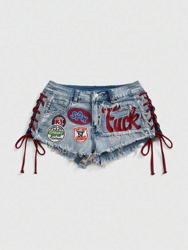 ROMWE Avant Women's Y2K Retro Jersey Sports Ballet Style Graphic Logo Embroidered Drawstring Low Waist Sexy Mini Denim Shorts | SHEIN