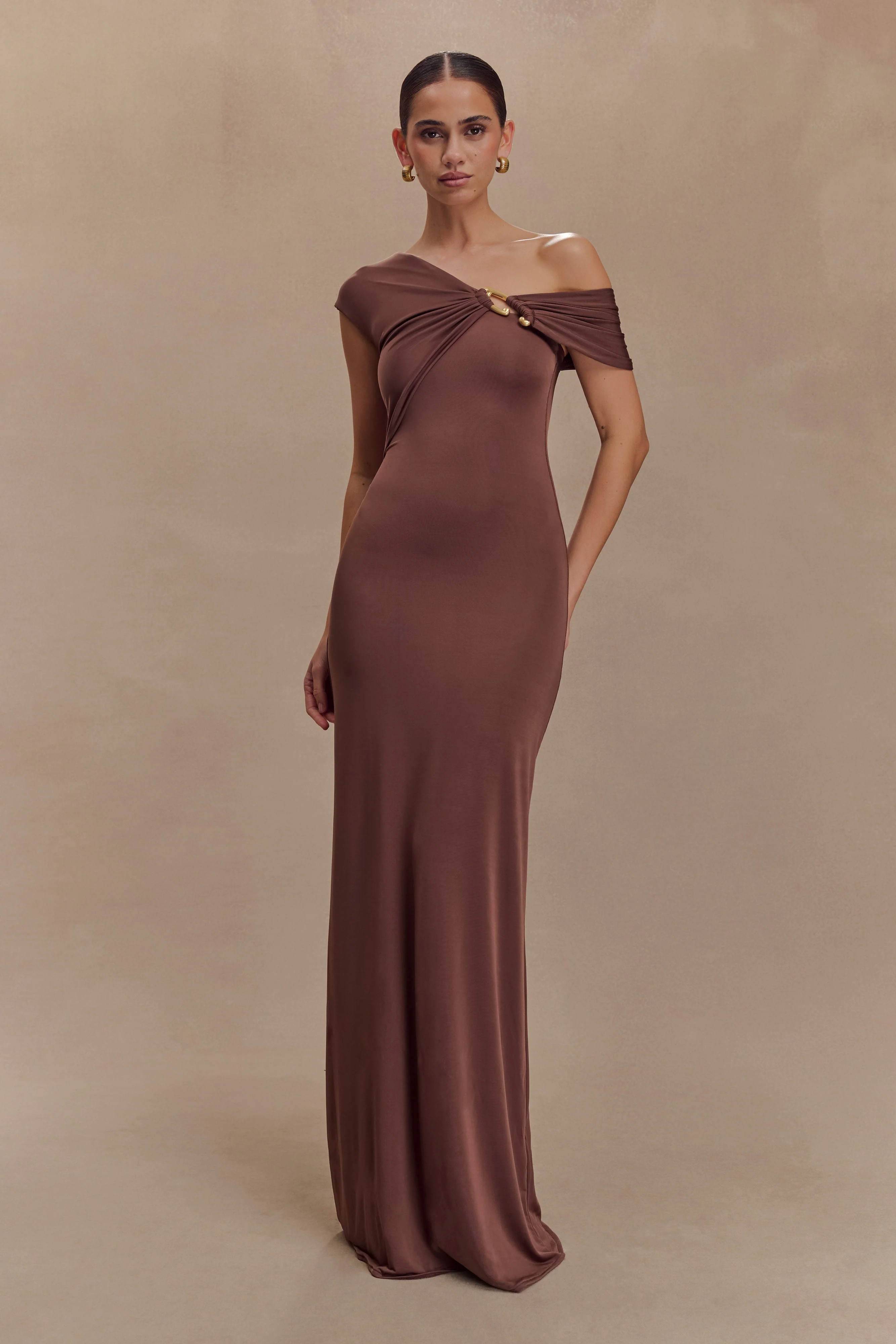 Asymmetrical Slinky Maxi Dress - Chocolate | MESHKI US