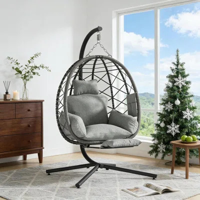 Hanging Egg Chair With Stand, Outdoor Wicker Swing Egg Chair With Cushion, Headrest & Adjustable Footrest For Patio, Balcony, Garden Or Indoor Lounge | Wayfair North America