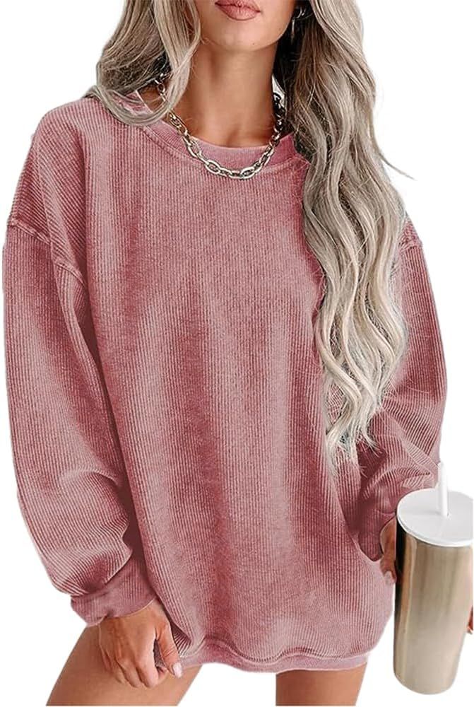 Womens Crewneck Oversized Corduroy Corded Sweatshirt Casual Long Sleeve Trendy Pullover Comfy Top... | Amazon (US)