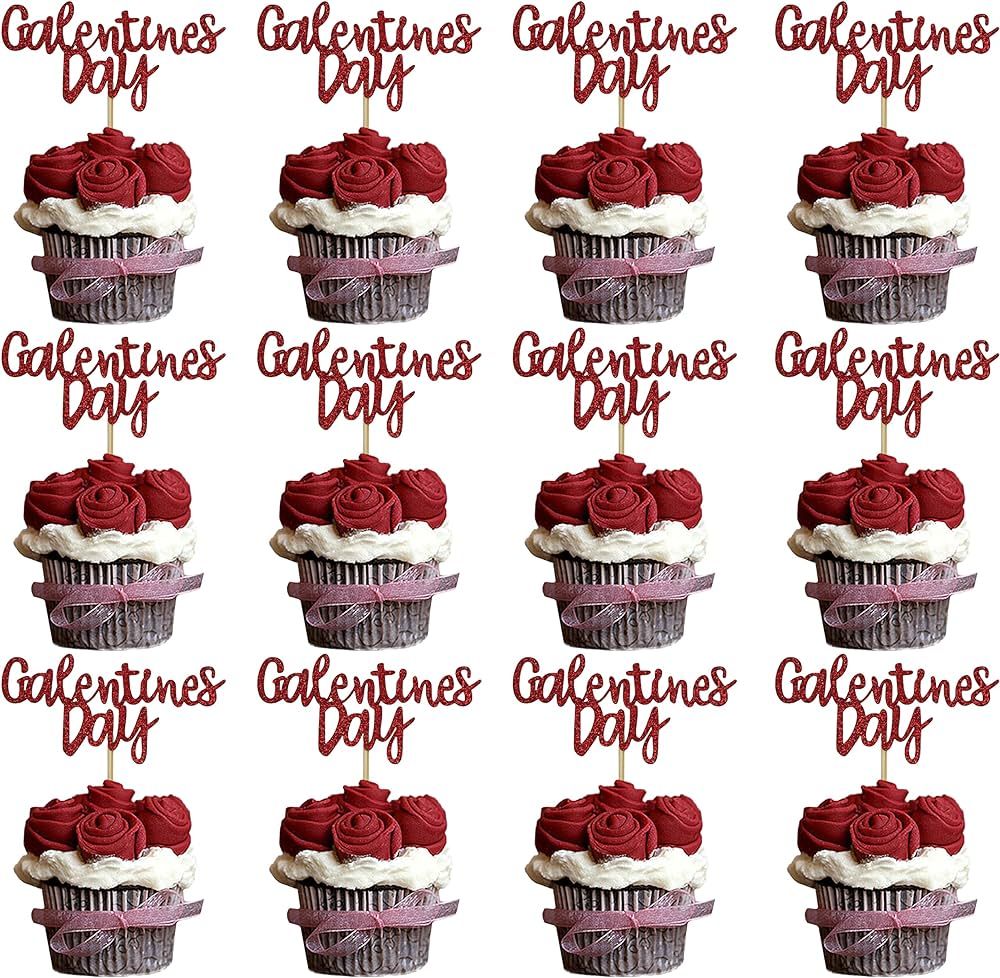 40PCS Galentines Day Cupcake Toppers Decorations, Red Glitter Happy Galentines Day Cupcake Topper... | Amazon (US)
