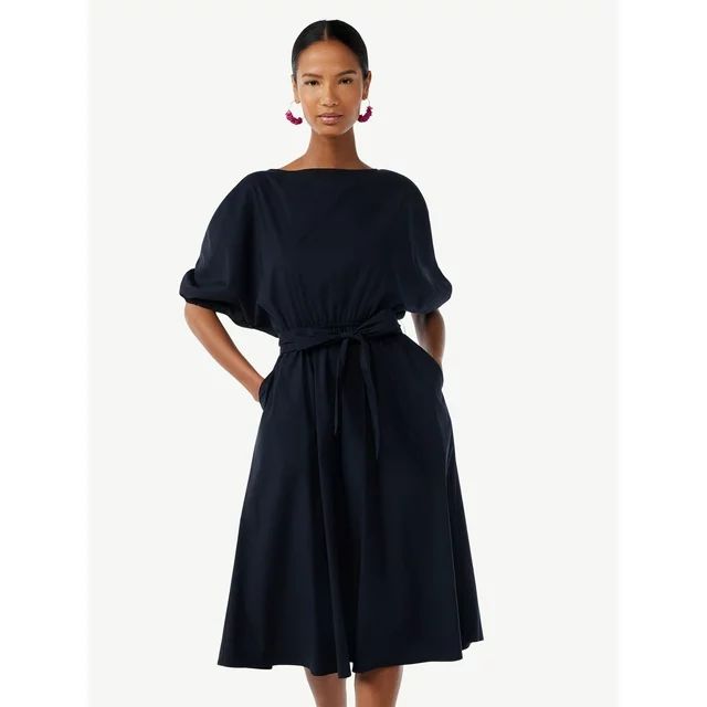 Scoop Women's Tie Front Midi Dress with Ruched Sleeves | Walmart (US)