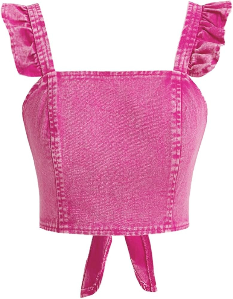 Floerns Women's Vintage Ruffle Sleeveless Denim Crop Tops Tie Backless Y2k Tank Top | Amazon (US)