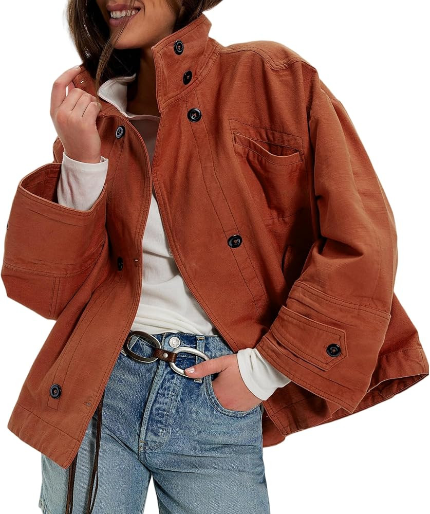 Washed Canvas Bomber Jacket Women Oversized Funnel Neck Button Down Jackets Spring Stretch Casual... | Amazon (US)