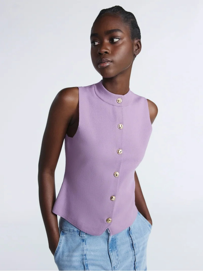 Scoop Women's and Women’s Plus Mockneck Sweater Vest with Gold Tone Buttons, Midweight, Sizes X... | Walmart (US)