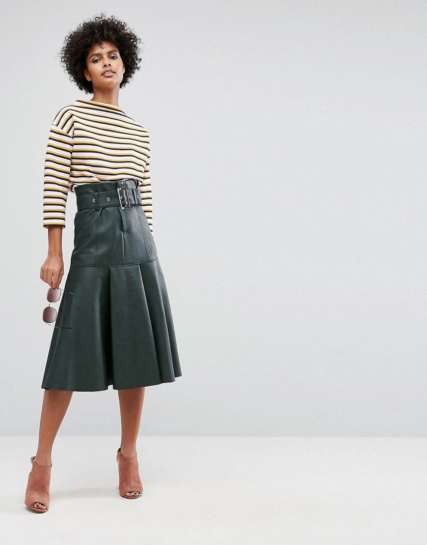 ASOS Leather Look Midi Skirt with Belt - Green | ASOS US