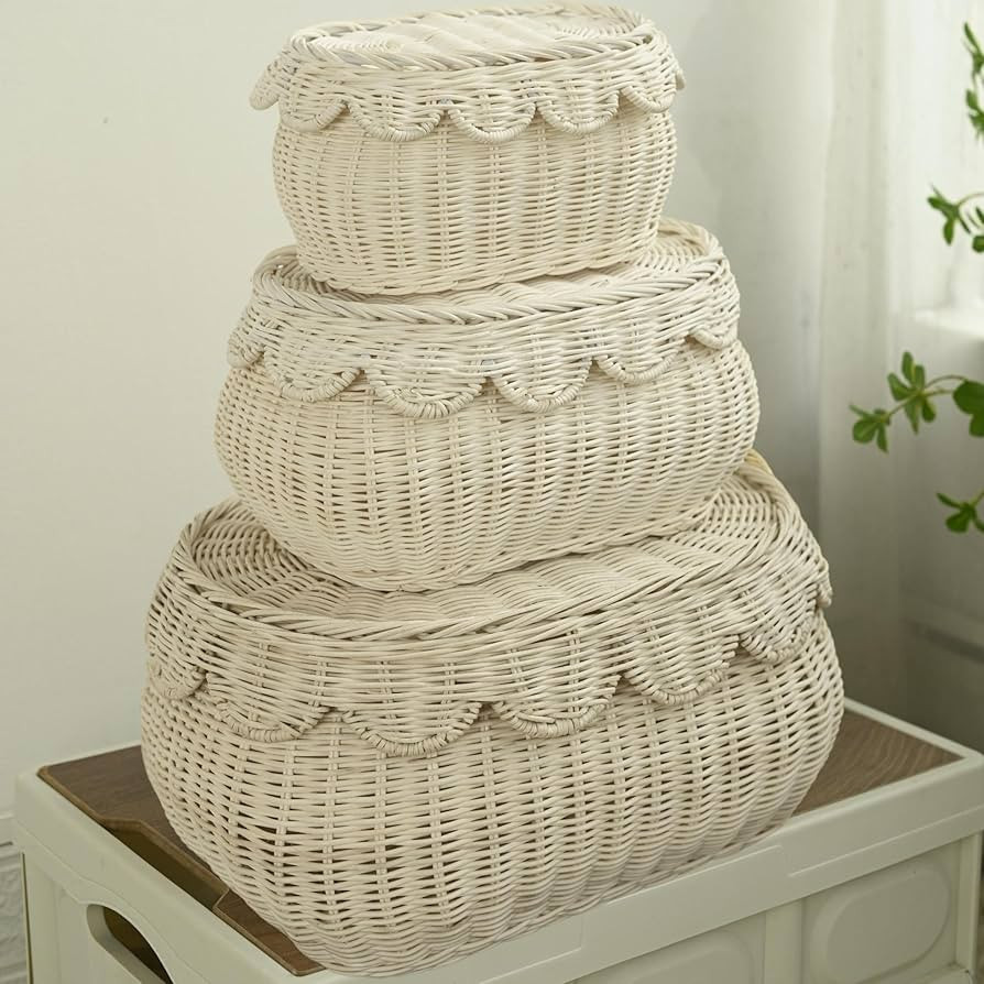 Scalloped Basket with Lid Set of 3,Storage Boxes for Shelves,Decorative Storage Boxes With Lids,R... | Amazon (US)